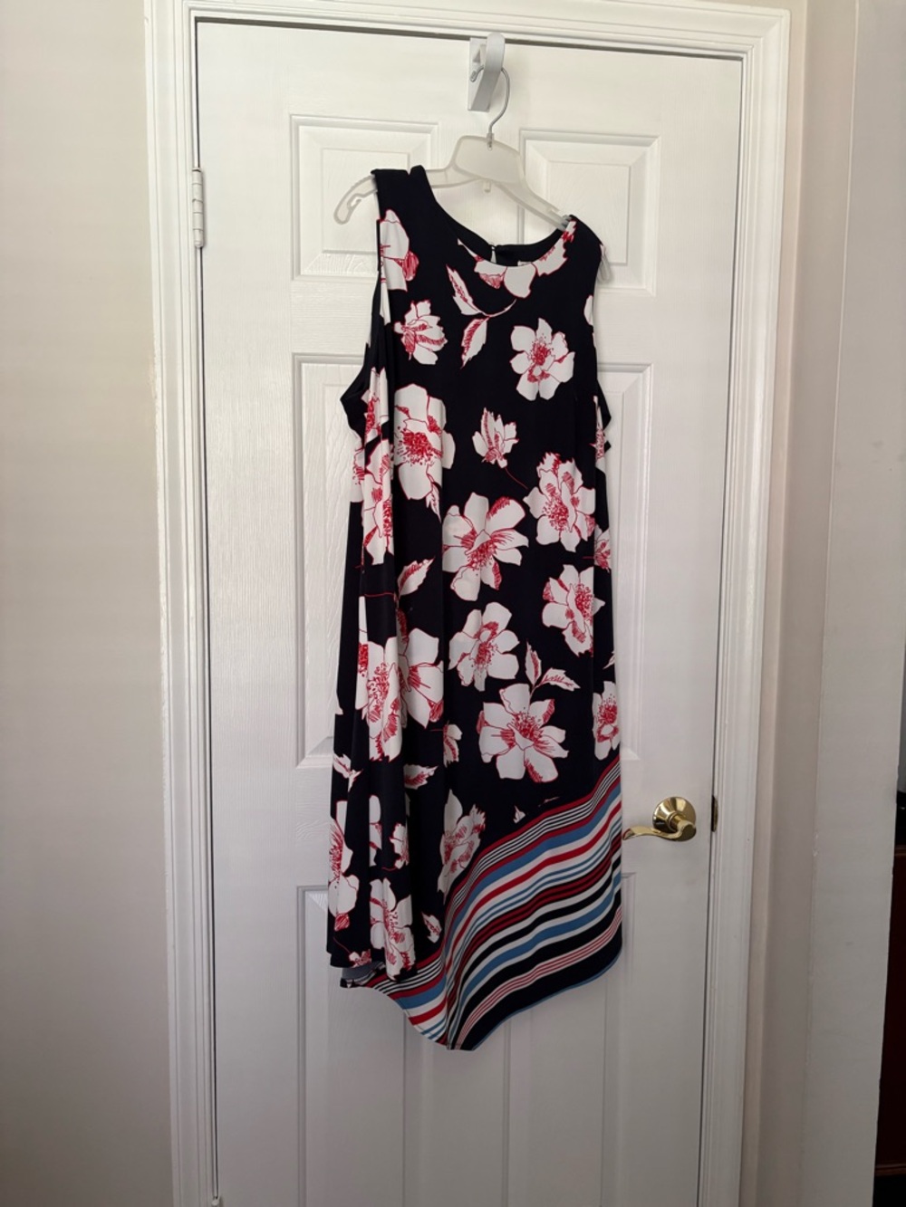 Dress Barn Black Floral Asymmetrical Midi Dress with Pink Accents